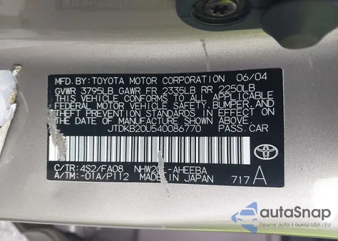 2004 Toyota Prius from USA, damaged, VIN JTDKB20U540086770